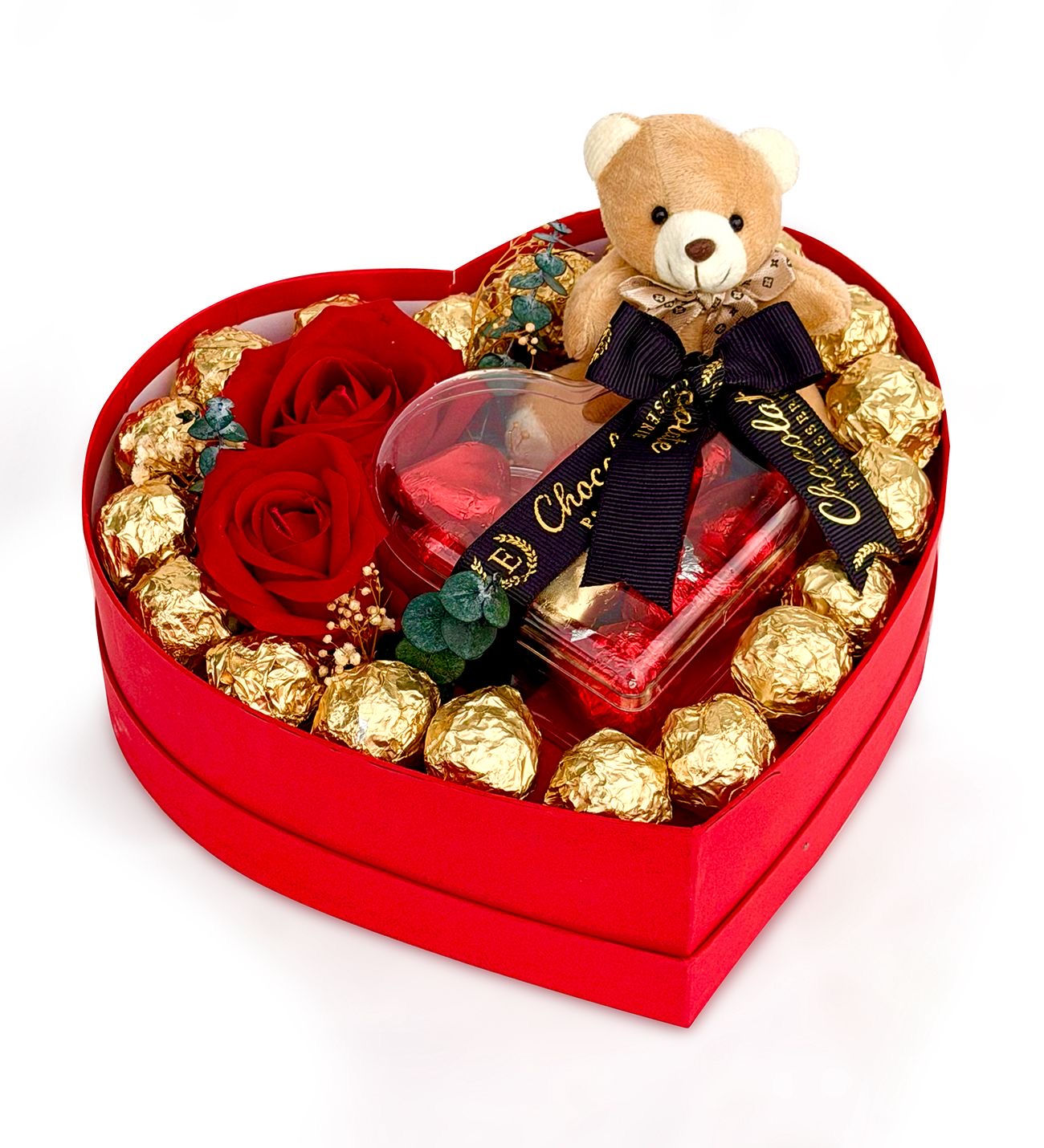 Kırmızı Kalp Kutuda Gül ve Çikolata