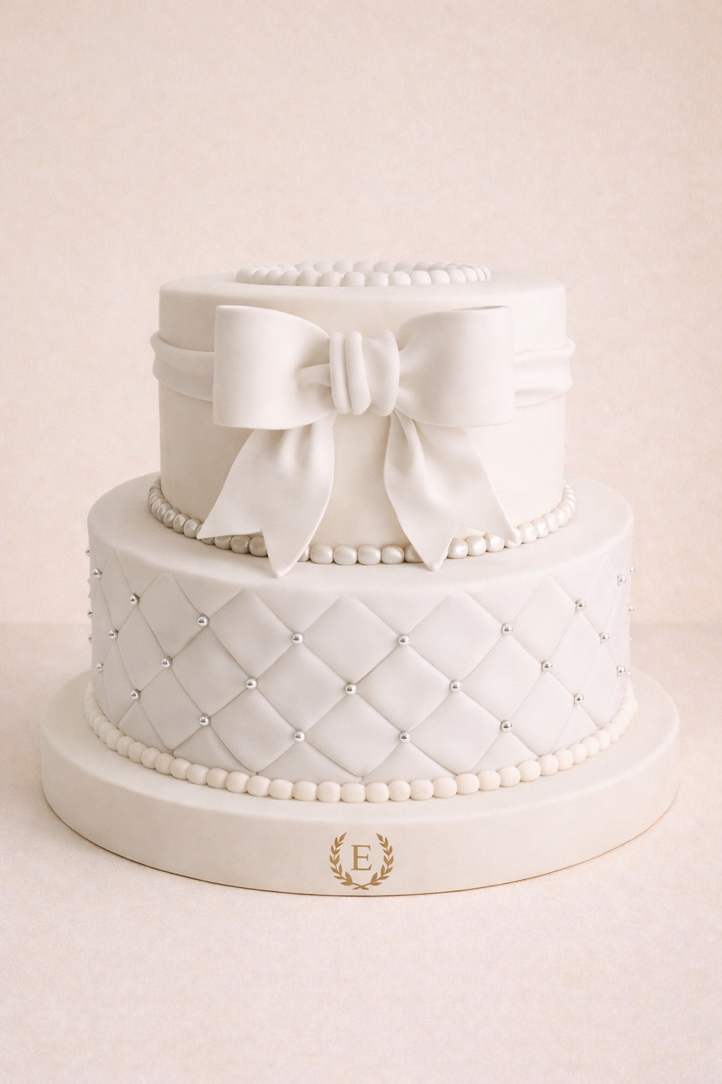 Beyaz Kurdeleli Boncuk Detaylı İki Katlı Beyaz Tasarım Pasta