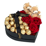 Siyah Kutuda Çikolata ve Gül Kutusu – Ayıcıklı Lüks Romantik Hediye Seti