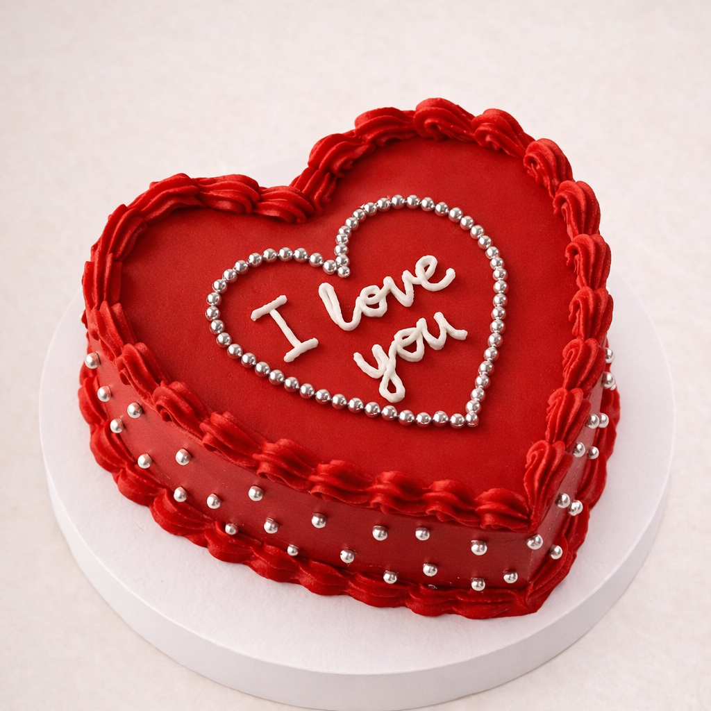 I Love You İncili Kırmızı Kalp Pasta