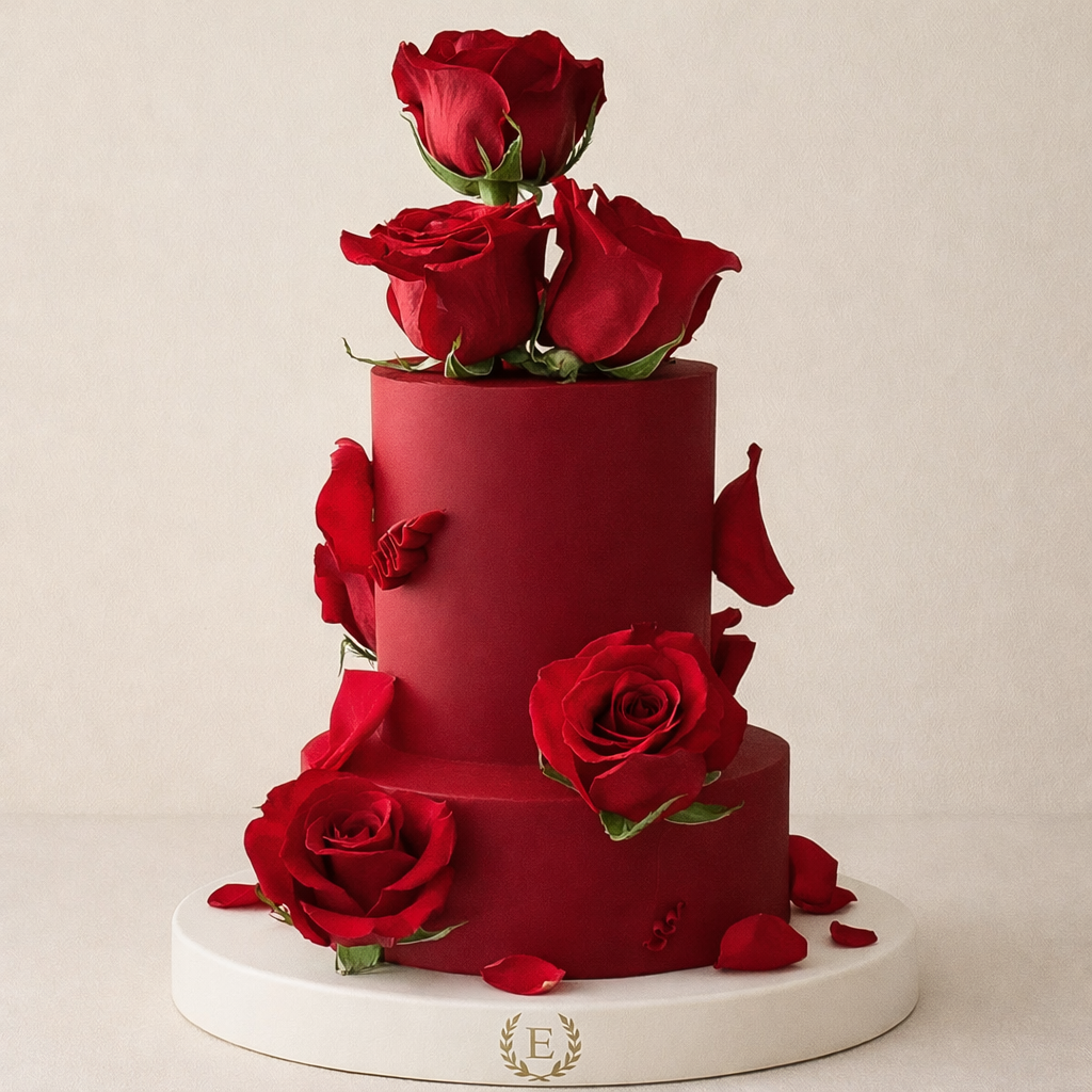 Taze Kırmızı Güllerle Süslenmiş Özel Tasarım Pasta