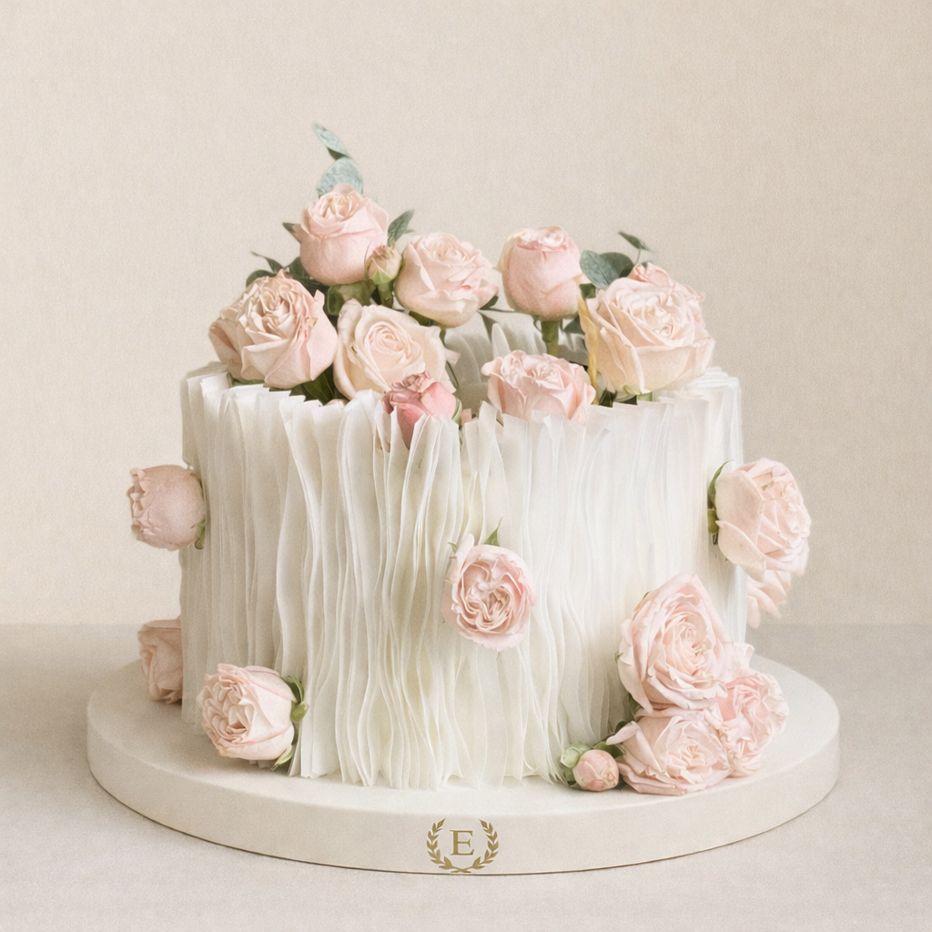 Taze Güller ile Süslenmiş Yenilebilir Kâğıt Tasarım Pasta