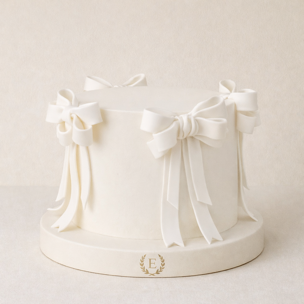 Beyaz Kurdelelerle Süslü Beyaz Tasarım Pasta