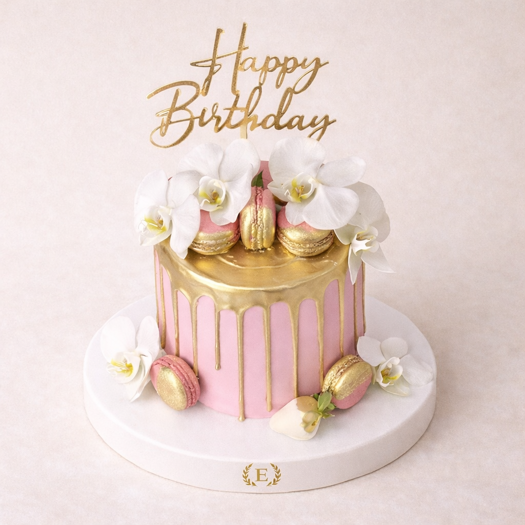 Taze Orkide Çiçekli Makaron Süslemeli Pasta