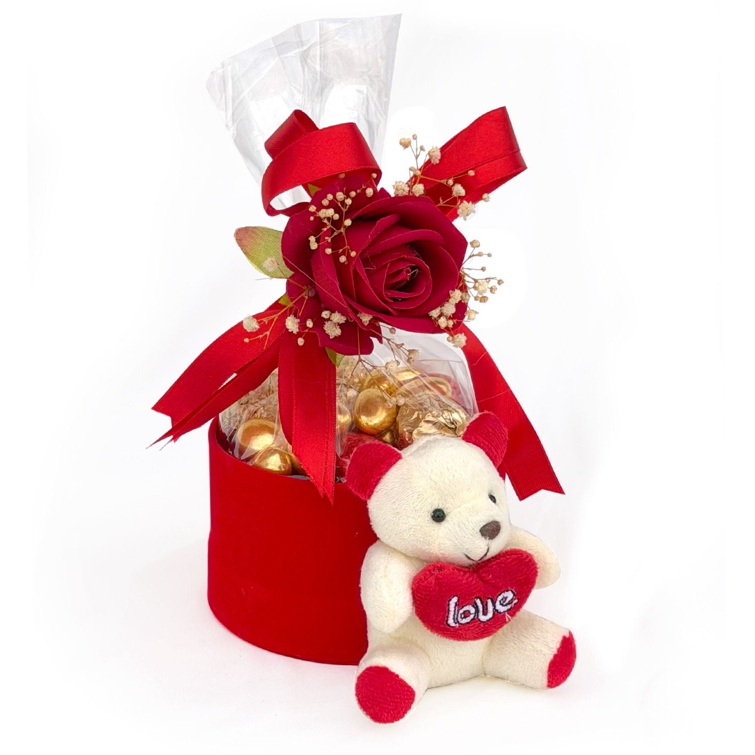 Kırmızı Kadife Kutu ve Ayıcık – Gold Kalp Çikolata & Draje Hediye Seti