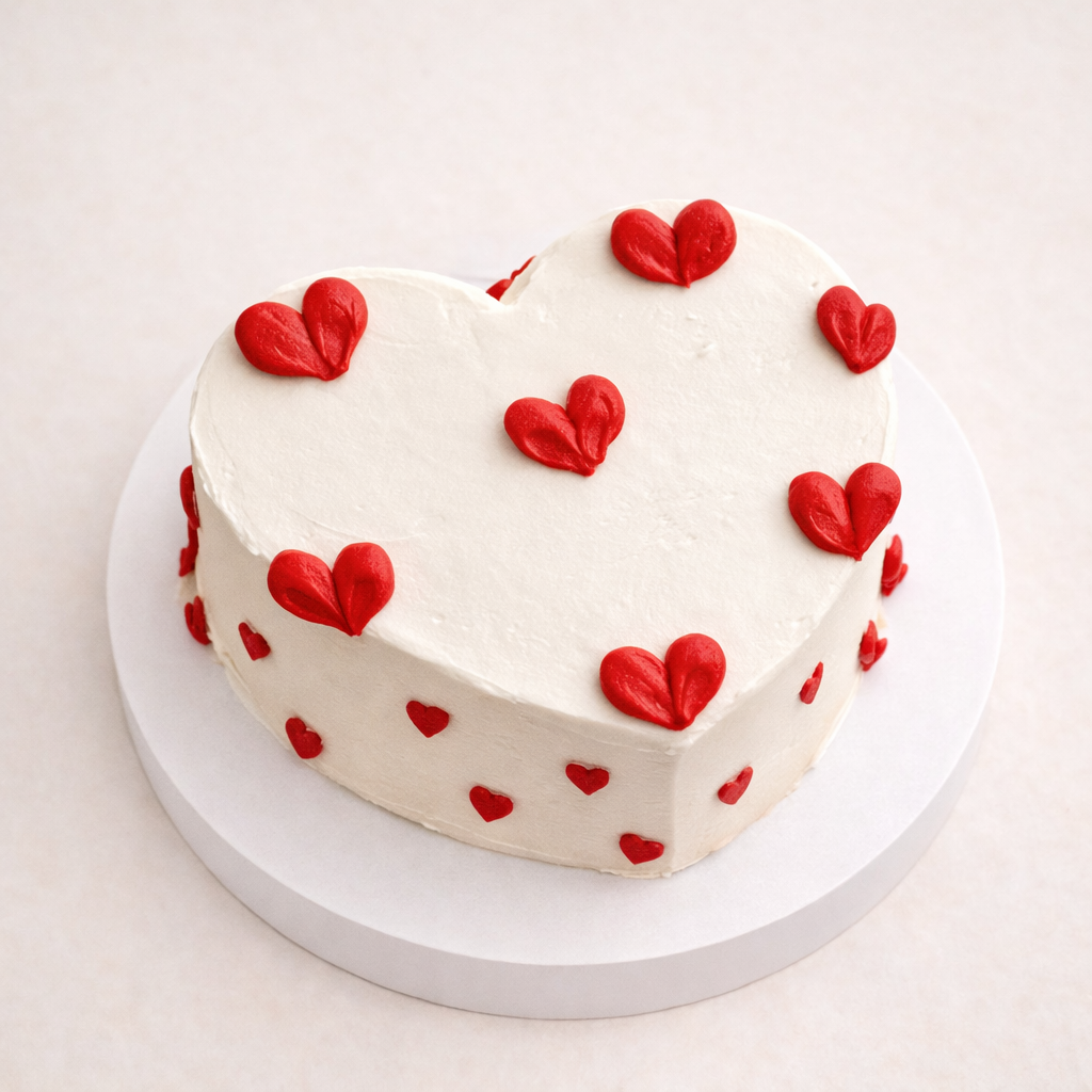 Kırmızı Kalplerle Süslenmiş Beyaz Kalp Pasta