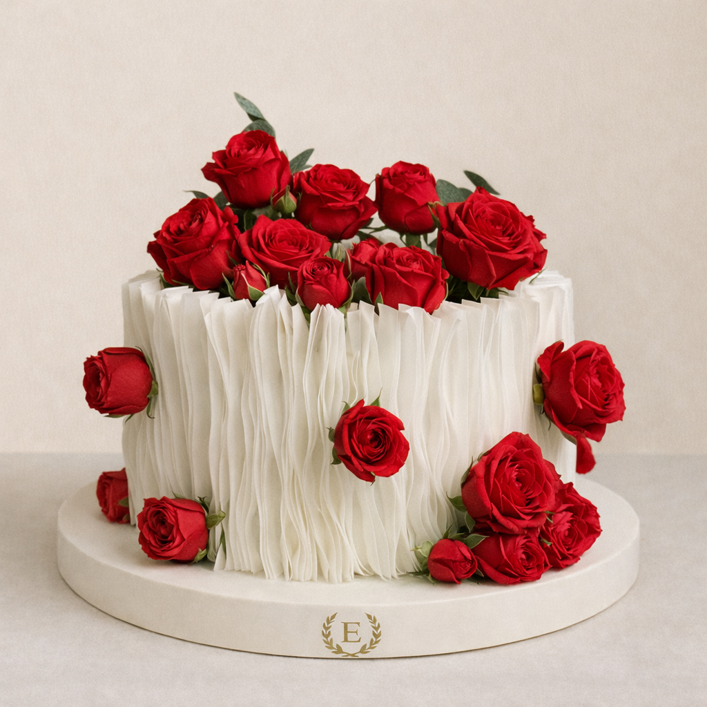 Taze Güller ile Süslenmiş Yenilebilir Kâğıt Tasarım Pasta