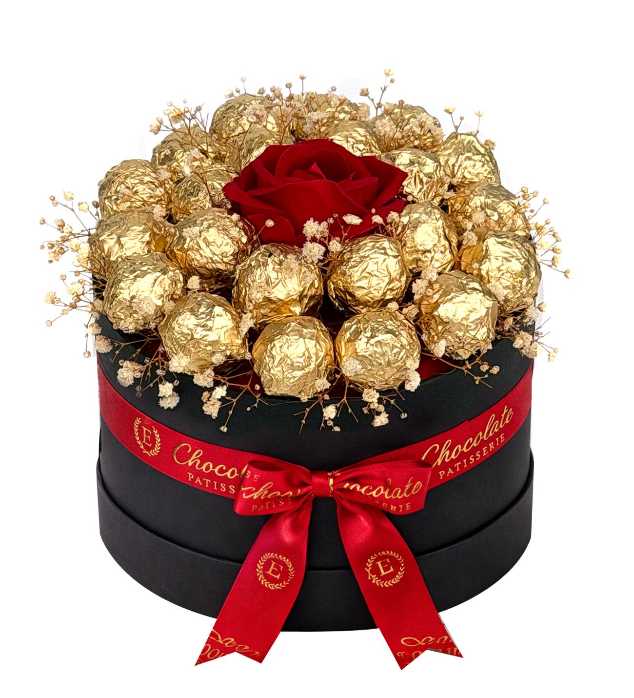 Siyah Kutuda Gold Çikolata ve Kadife Kırmızı Gül