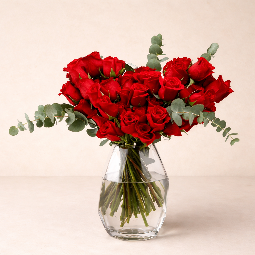 Love Heart Kırmızı Güller & Okaliptus Detaylı Cam Vazoda Aranjman