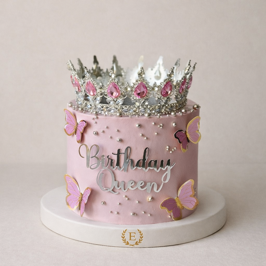 Birthday Queen Kelebekli Pembe Simli Taç Pasta