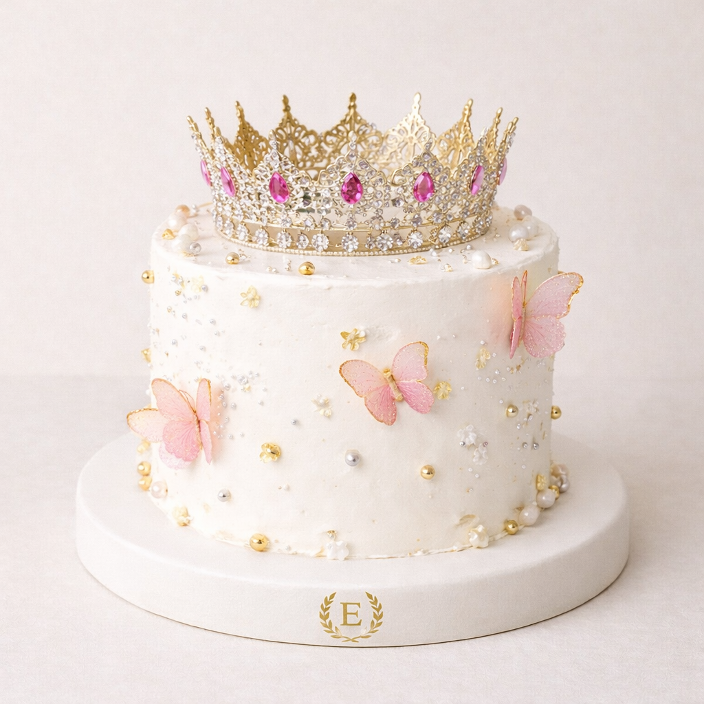 Kelebekli Beyaz Simli Taç Pasta