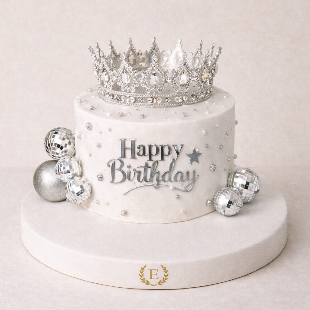 Happy Birthday Disko Toplu Silver Simli Beyaz Taç Pasta