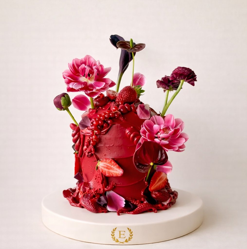 Bordeaux Love Çiçek ve Meyve Detaylı Premium Butik Pasta